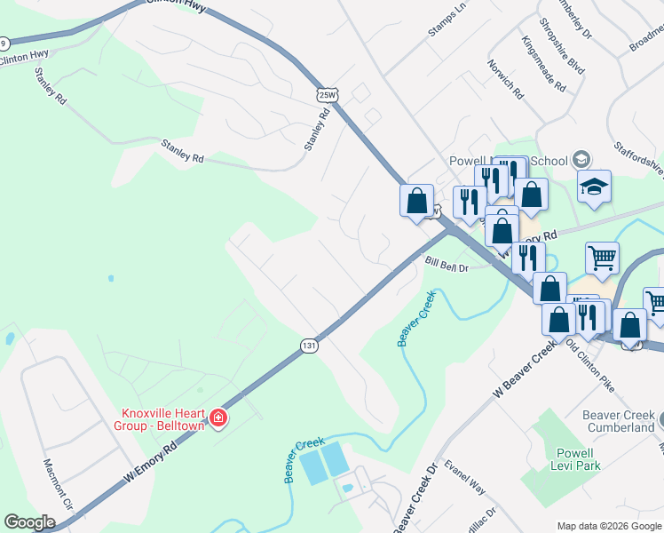 map of restaurants, bars, coffee shops, grocery stores, and more near 7658 Callow Cove Lane in Powell