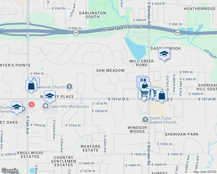 map of restaurants, bars, coffee shops, grocery stores, and more near 9926 South Kingston Avenue in Tulsa