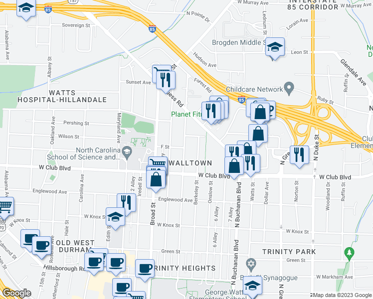 map of restaurants, bars, coffee shops, grocery stores, and more near 1224 Sedgefield Street in Durham