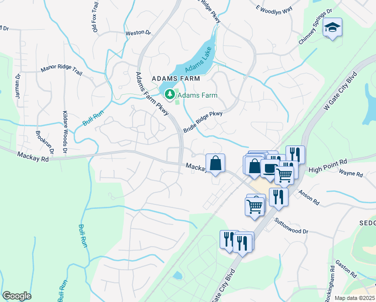 map of restaurants, bars, coffee shops, grocery stores, and more near 5151 Autumncrest Drive in Greensboro