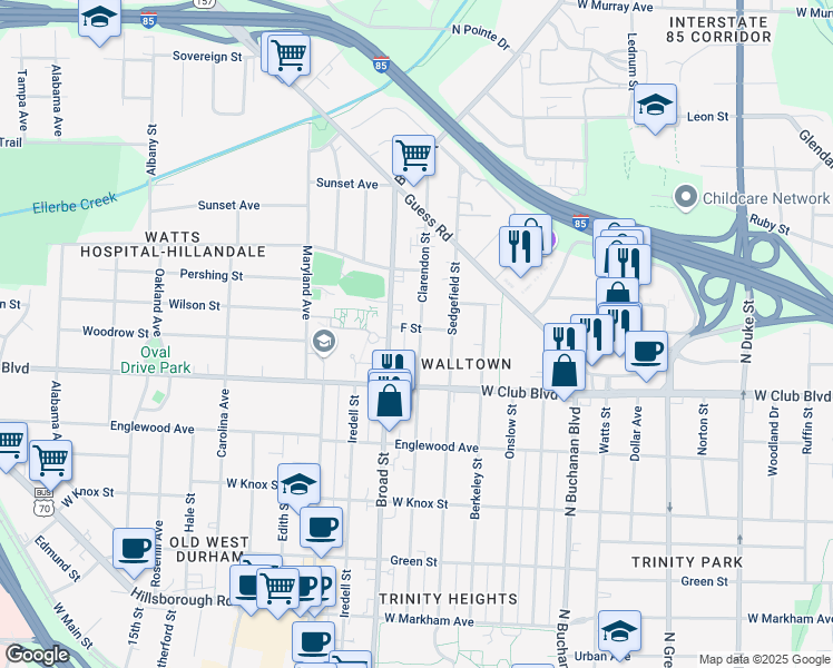 map of restaurants, bars, coffee shops, grocery stores, and more near 1709 F Street in Durham