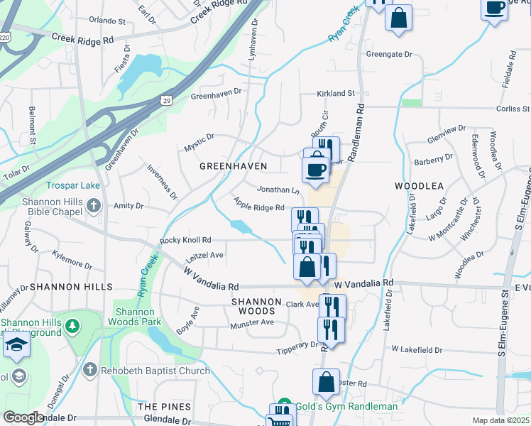 map of restaurants, bars, coffee shops, grocery stores, and more near 523 Apple Ridge Road in Greensboro