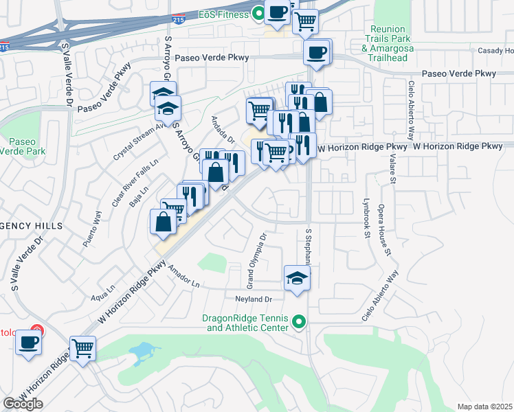map of restaurants, bars, coffee shops, grocery stores, and more near 1483 West Horizon Ridge Parkway in Henderson