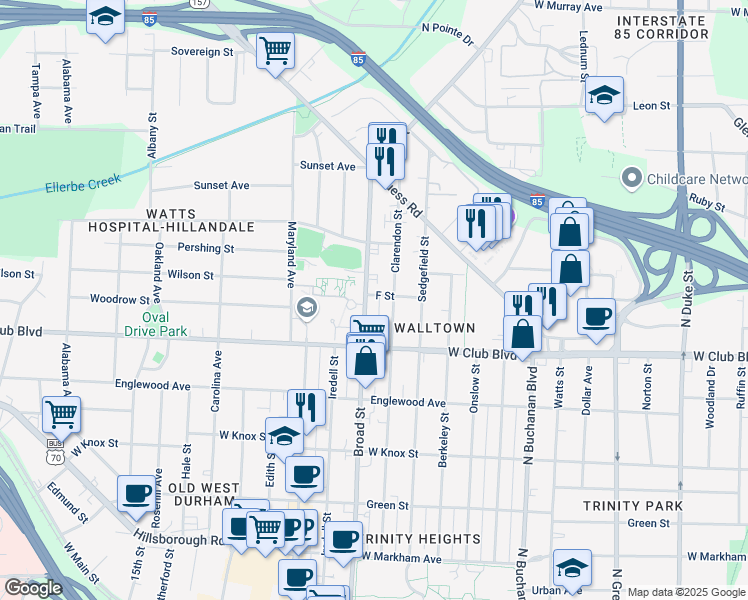 map of restaurants, bars, coffee shops, grocery stores, and more near 1307 Clarendon Street in Durham