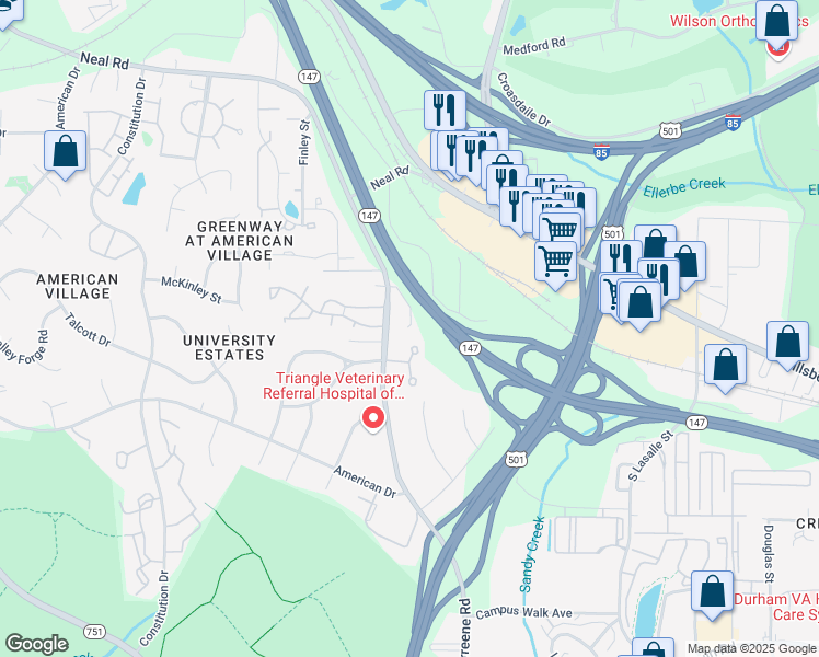 map of restaurants, bars, coffee shops, grocery stores, and more near 309 Morreene Road in Durham