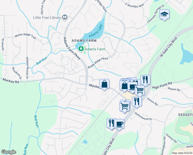 map of restaurants, bars, coffee shops, grocery stores, and more near 2010 Saddlegate Court in Greensboro