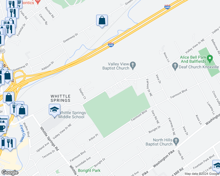 map of restaurants, bars, coffee shops, grocery stores, and more near 3401 Valley View Drive Northeast in Knoxville