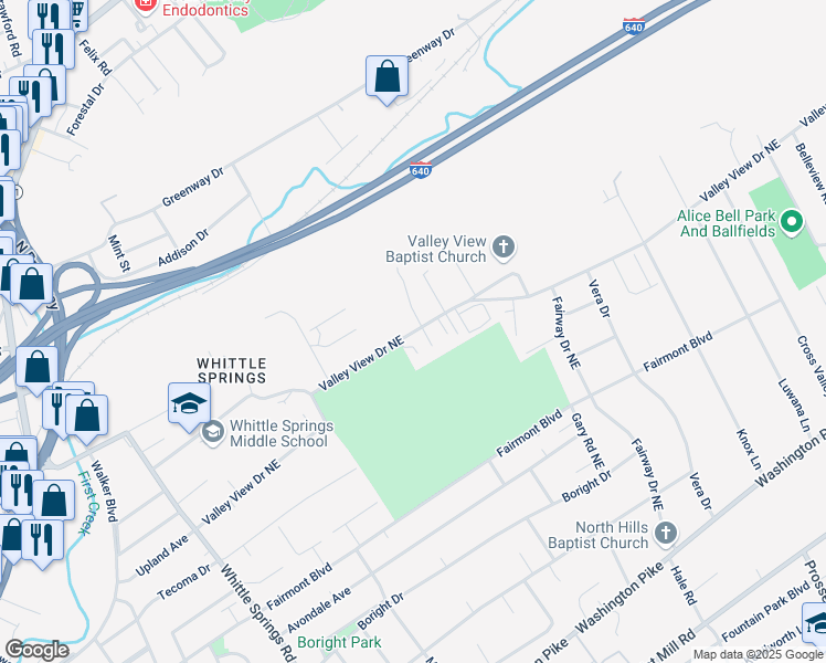 map of restaurants, bars, coffee shops, grocery stores, and more near 3401 Valley View Drive Northeast in Knoxville