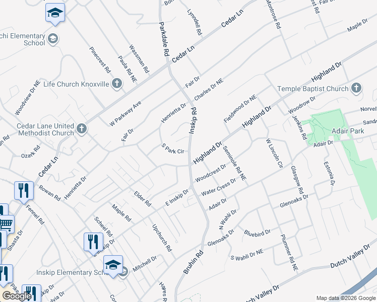 map of restaurants, bars, coffee shops, grocery stores, and more near 1114 Gregory Oaks Lane in Knoxville