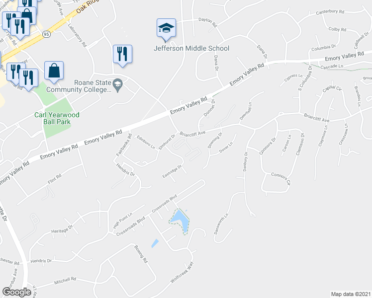 map of restaurants, bars, coffee shops, grocery stores, and more near 100 Donner Court in Oak Ridge