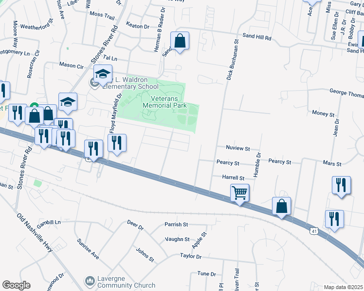map of restaurants, bars, coffee shops, grocery stores, and more near 3111 George Buchanan in La Vergne