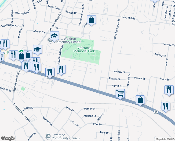 map of restaurants, bars, coffee shops, grocery stores, and more near 3135 George Buchanan in La Vergne