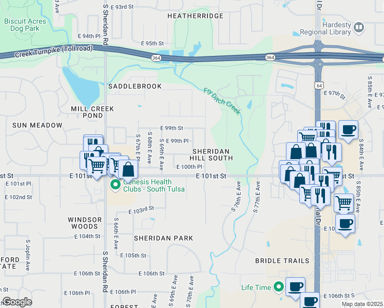map of restaurants, bars, coffee shops, grocery stores, and more near 9927 South 71st East Avenue in Tulsa