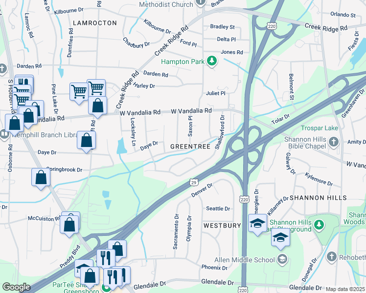 map of restaurants, bars, coffee shops, grocery stores, and more near in Greensboro