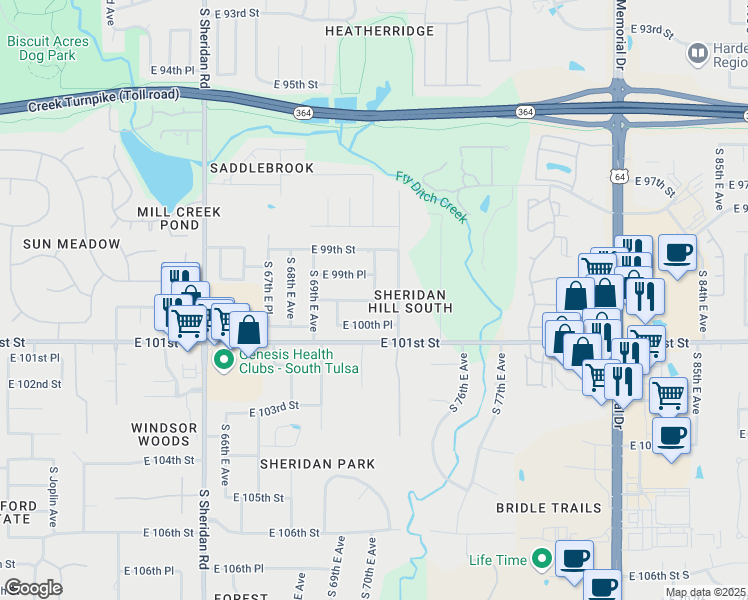 map of restaurants, bars, coffee shops, grocery stores, and more near 10302 South 71st East Avenue in Tulsa