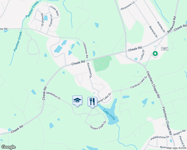 map of restaurants, bars, coffee shops, grocery stores, and more near 107 Northern Shrike Court in Durham