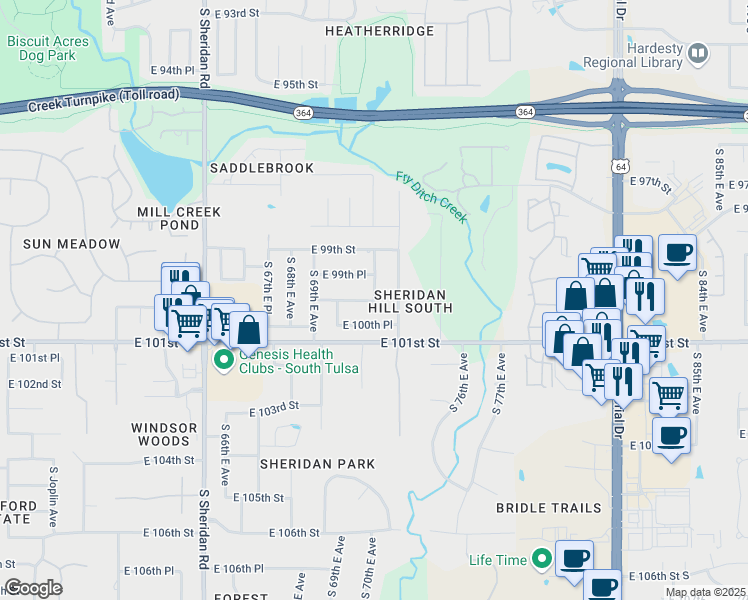 map of restaurants, bars, coffee shops, grocery stores, and more near 10302 South 71st East Avenue in Tulsa