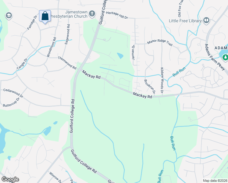 map of restaurants, bars, coffee shops, grocery stores, and more near 5303 Mackay Road in Jamestown