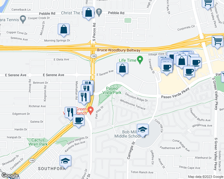 map of restaurants, bars, coffee shops, grocery stores, and more near 2505 Paseo Verde Parkway in Henderson