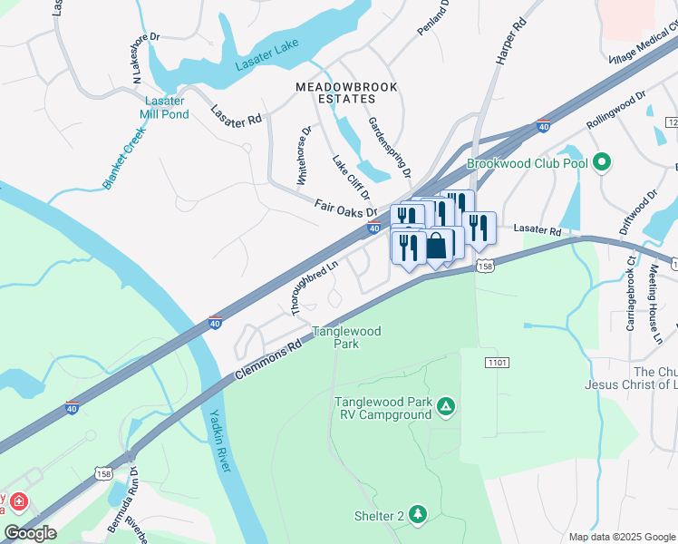 map of restaurants, bars, coffee shops, grocery stores, and more near 4001 Whirlaway Court in Clemmons