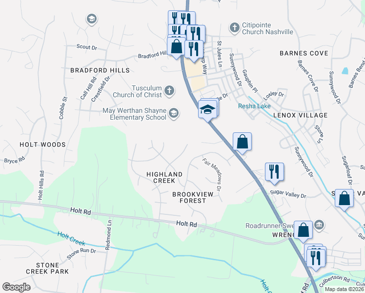 map of restaurants, bars, coffee shops, grocery stores, and more near 976 Century Oak Drive in Nashville