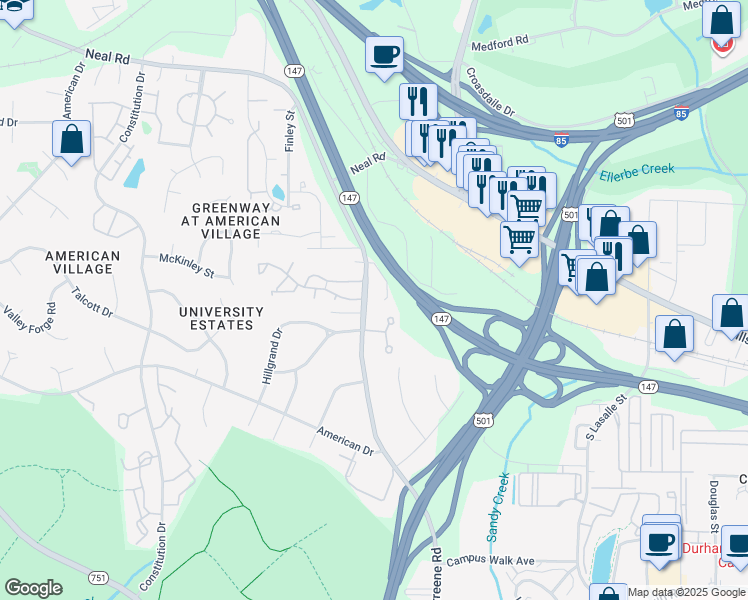 map of restaurants, bars, coffee shops, grocery stores, and more near 309 Morreene Road in Durham