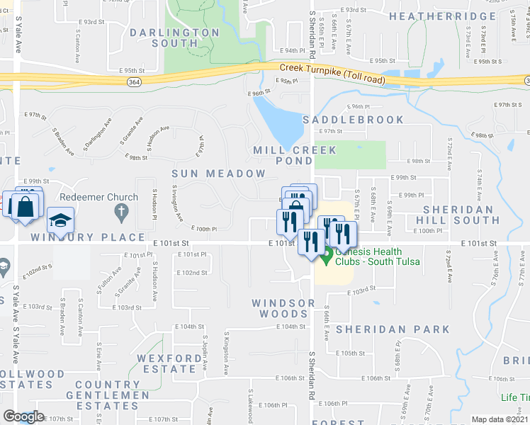 map of restaurants, bars, coffee shops, grocery stores, and more near 6231 East 100th Place in Tulsa