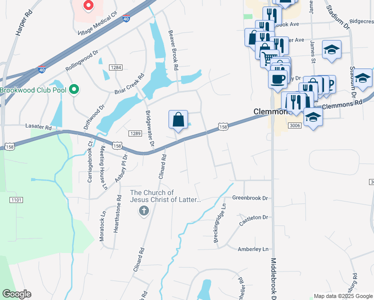 map of restaurants, bars, coffee shops, grocery stores, and more near 2815 David Street in Clemmons