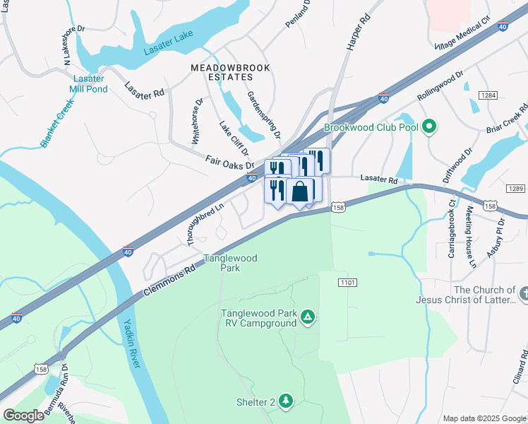 map of restaurants, bars, coffee shops, grocery stores, and more near 4004 Westridge Meadow Circle in Clemmons