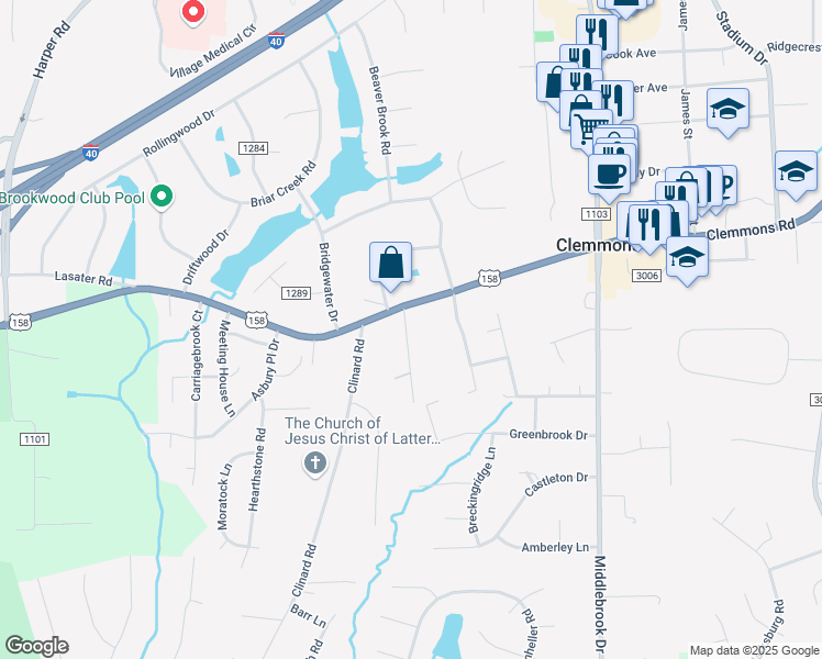 map of restaurants, bars, coffee shops, grocery stores, and more near 2815 David Street in Clemmons