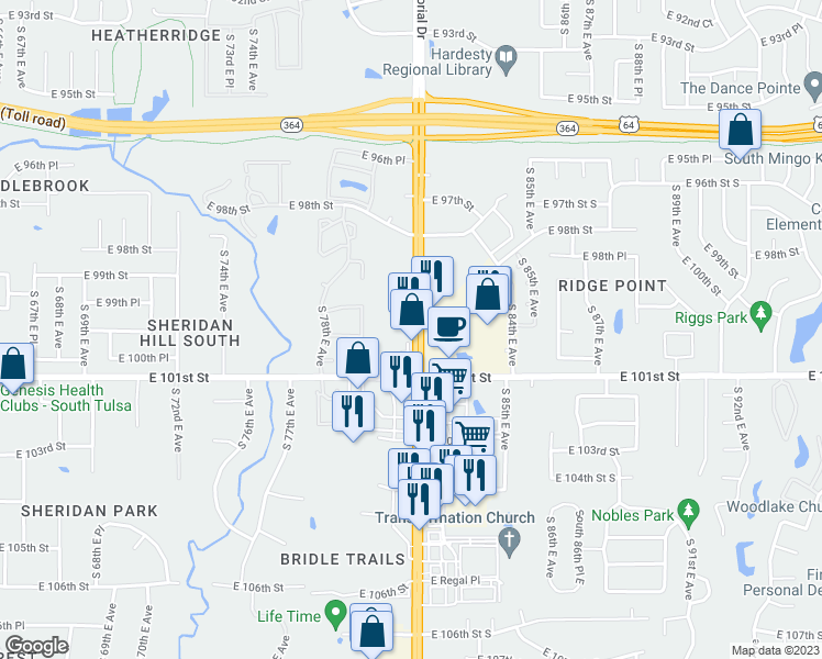 map of restaurants, bars, coffee shops, grocery stores, and more near 9902 South Memorial Drive in Tulsa