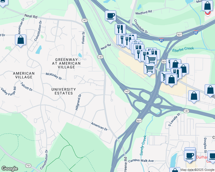 map of restaurants, bars, coffee shops, grocery stores, and more near 309 Morreene Road in Durham