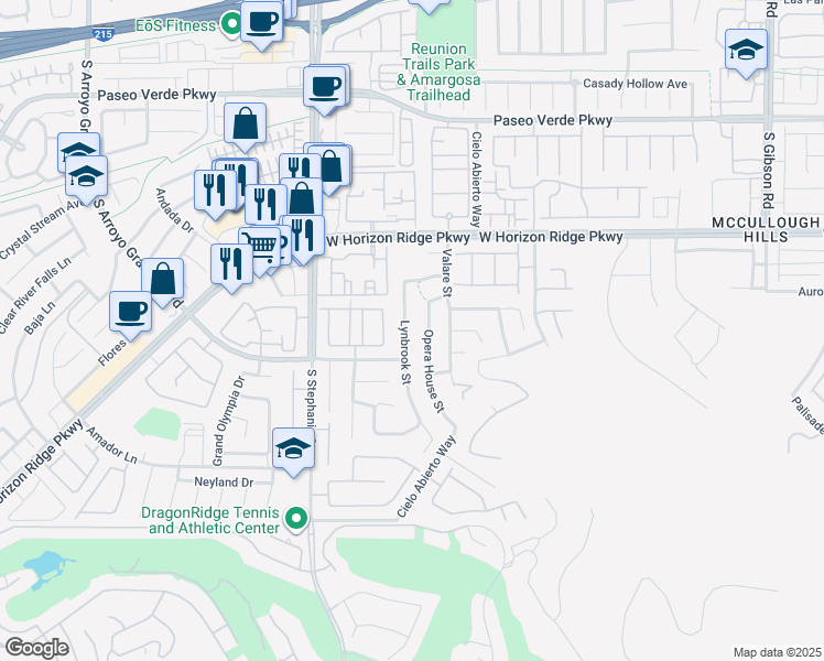 map of restaurants, bars, coffee shops, grocery stores, and more near 210 Lynbrook Street in Henderson