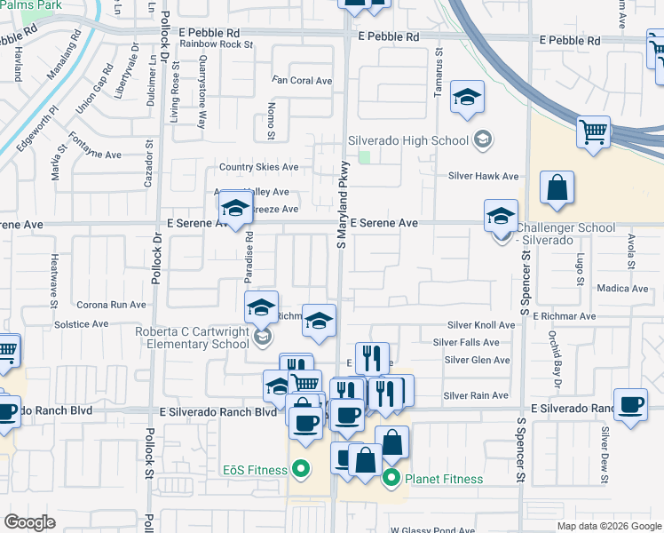 map of restaurants, bars, coffee shops, grocery stores, and more near 9362 Santa Fe Rose Street in Las Vegas