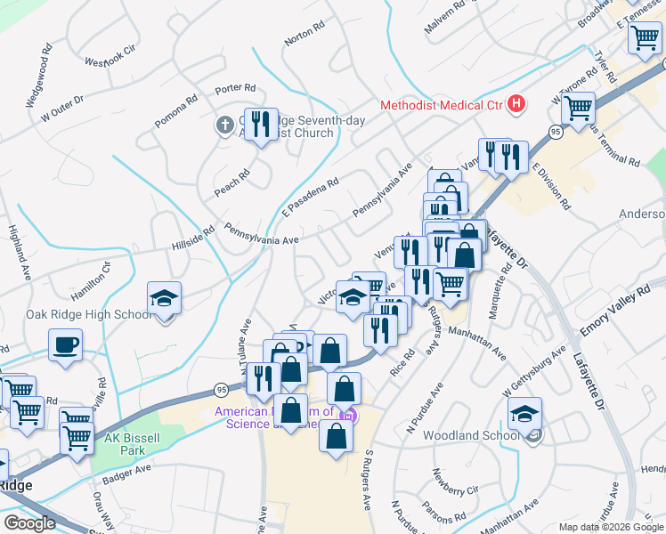 map of restaurants, bars, coffee shops, grocery stores, and more near 107 Parma Road in Oak Ridge