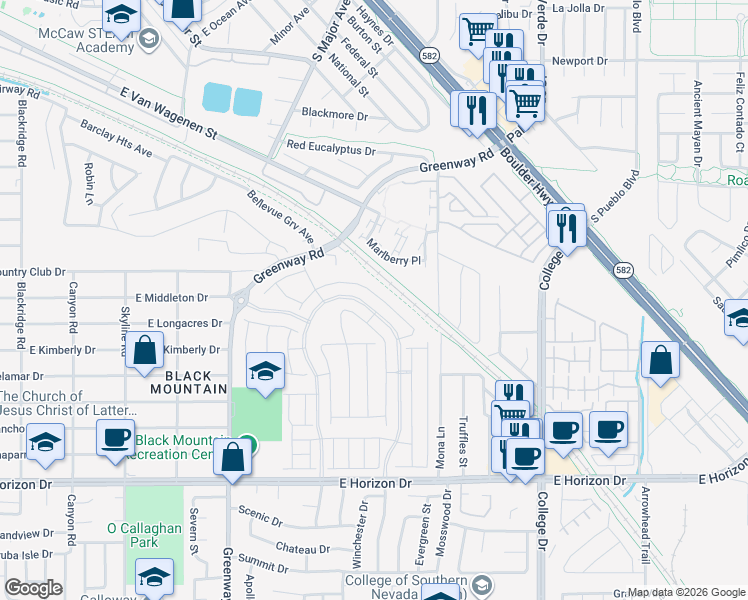 map of restaurants, bars, coffee shops, grocery stores, and more near 111 Dancing Sage Court in Henderson