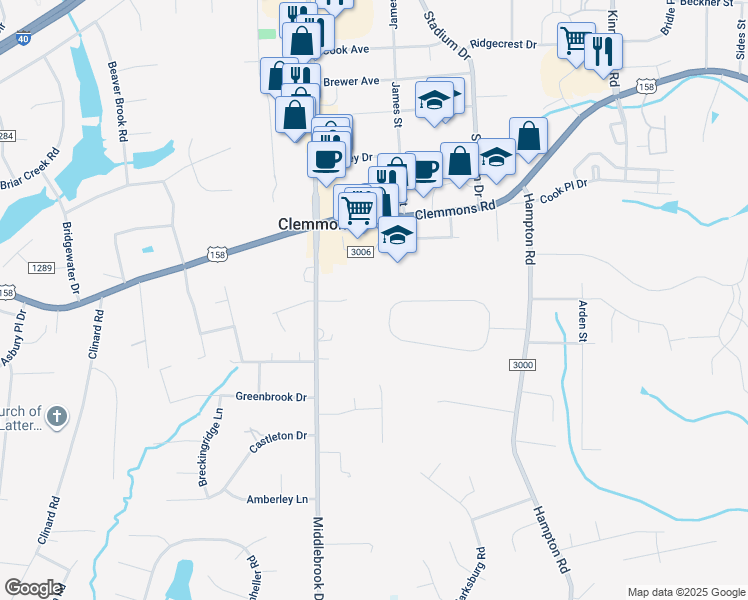 map of restaurants, bars, coffee shops, grocery stores, and more near 6295 Arden Circle in Clemmons