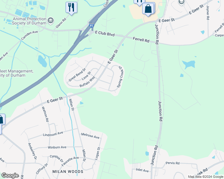 map of restaurants, bars, coffee shops, grocery stores, and more near 2005 Spring Creek Drive in Durham