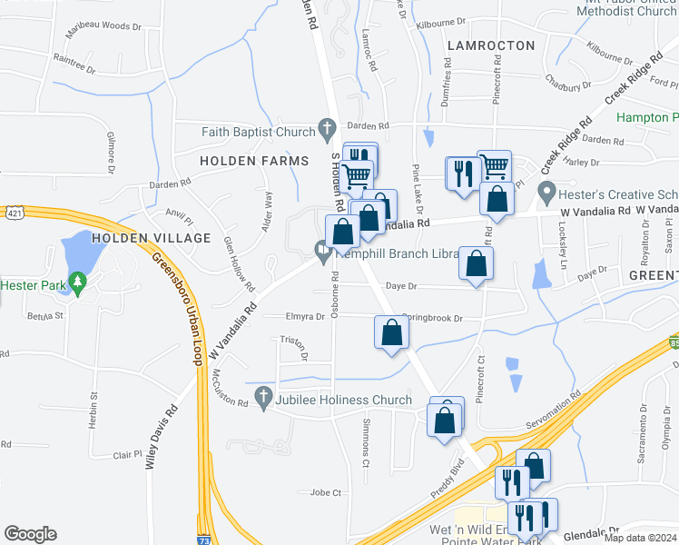 map of restaurants, bars, coffee shops, grocery stores, and more near 3405 Osborne Road in Greensboro