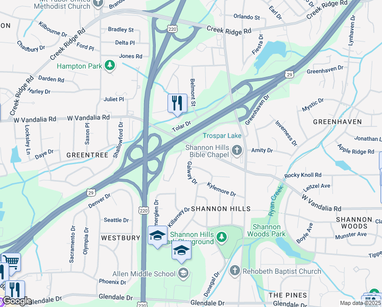 map of restaurants, bars, coffee shops, grocery stores, and more near 3902 Galway Drive in Greensboro