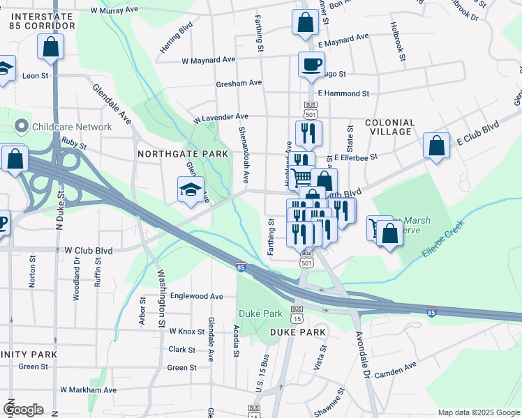 map of restaurants, bars, coffee shops, grocery stores, and more near 2323 Farthing Street in Durham