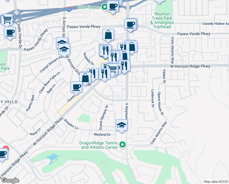 map of restaurants, bars, coffee shops, grocery stores, and more near 217 South Stephanie Street in Henderson