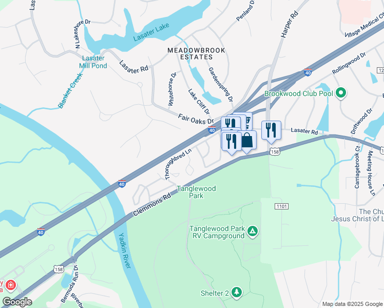 map of restaurants, bars, coffee shops, grocery stores, and more near 3904 Westridge Meadow Circle in Clemmons