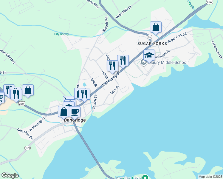 map of restaurants, bars, coffee shops, grocery stores, and more near 1166 Lake Drive in Dandridge
