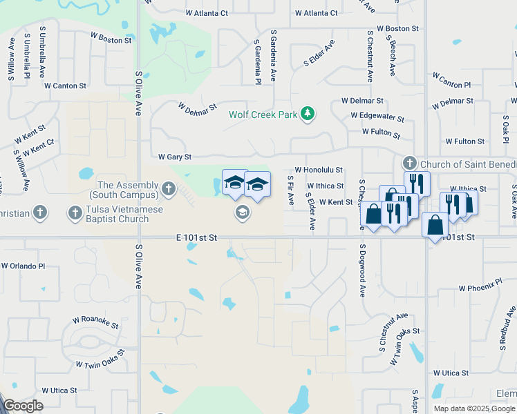 map of restaurants, bars, coffee shops, grocery stores, and more near 3000 West New Orleans Street in Broken Arrow