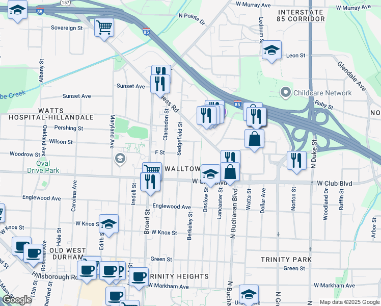 map of restaurants, bars, coffee shops, grocery stores, and more near 1229 Berkeley Street in Durham