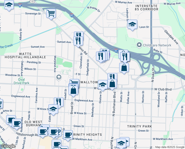 map of restaurants, bars, coffee shops, grocery stores, and more near 1229 Berkeley Street in Durham