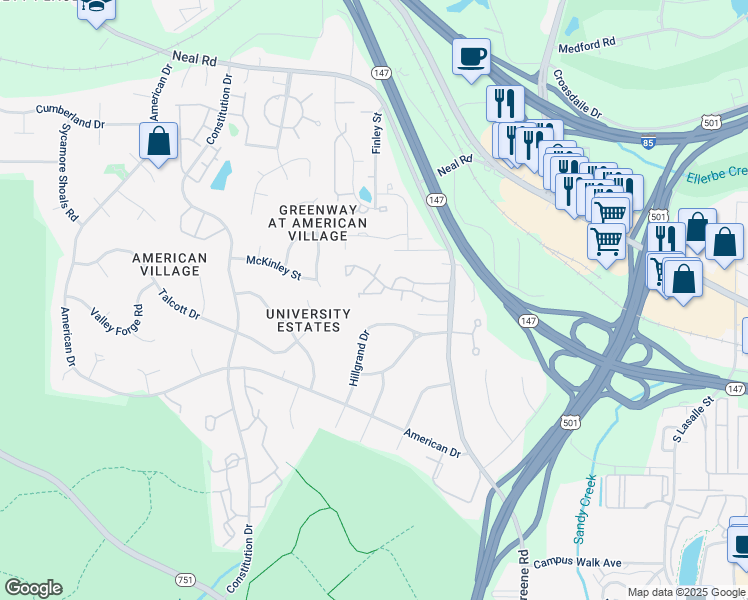 map of restaurants, bars, coffee shops, grocery stores, and more near 56 Forest Oaks Drive in Durham