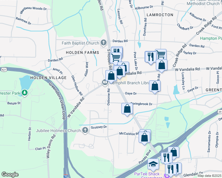 map of restaurants, bars, coffee shops, grocery stores, and more near 3405 Osborne Road in Greensboro