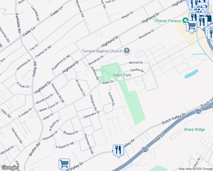 map of restaurants, bars, coffee shops, grocery stores, and more near 1717 Adair Drive in Knoxville